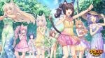  6+girls :d animal_ear_fluff animal_ears arm_strap azuki_(nekopara) bell black_hair blonde_hair blue_eyes bracelet braid breasts brown_hair brown_tail cellphone chocola_(nekopara) cinnamon_(nekopara) cleavage closed_eyes closed_mouth coconut_(nekopara) copyright_name day dress fake_animal_ears fake_tail floral_print fluffy_tail food fraise_(nekopara) fruit green_eyes hairband hat heterochromia jewelry large_breasts logo long_hair looking_afar looking_ahead looking_at_viewer maple_(nekopara) medium_breasts minazuki_shigure multicolored_dress multiple_girls neck_bell nekopara official_art one_eye_closed orange_eyes palm_tree phone pink_dress pink_hair pink_ribbon pointing purple_hair ribbon sayori_(neko_works) sky small_breasts smartphone smile star_(symbol) sundress sunglasses tail tail_ornament thigh_strap tree vanilla_(nekopara) watermelon watermelon_slice white_hair white_tail 