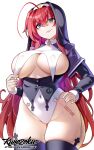  1girl ahoge black_thighhighs blue_eyes breast_curtains breasts commentary covered_navel covered_nipples english_commentary hair_between_eyes hand_on_own_hip high_school_dxd highleg highres hot_vr huge_ahoge large_breasts long_hair nun red_hair rias_gremory smile solo thighhighs white_background wide_hips wimple 