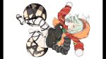  1girl absurdres black_sandals black_sweater blonde_hair blunt_bangs breasts covered_nipples highres hood hoodie large_breasts long_sleeves magatama medium_hair multiple_thigh_straps naraku_(senran_kagura) necktie non-web_source official_art orange_hoodie orb pillarboxed pink_eyes red_scarf sandals scarf senran_kagura senran_kagura_burst_re:newal skirt solo striped_sleeves sweater thick_thighs thighhighs thighs white_background white_skirt white_thighhighs yaegashi_nan yin_yang zettai_ryouiki 