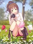  bag banned_artist blurry boots brown_hair bug butterfly camera depth_of_field flower grass green_eyes ilog insect mana_kakkowarai md5_mismatch original ponytail shorts shoulder_bag smile solo squatting tree 