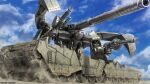  cannon caterpillar_tracks cloud cloudy_sky copyright_logo desert dirty dual_wielding dust_cloud glowing glowing_eye gun gundam gundam_battle_operation_2 highres hildolfr holding machine_gun machinery mecha mecha_focus military_vehicle mobile_suit motor_vehicle no_humans official_art one-eyed painting_(medium) realistic robot sand scan science_fiction shield sky sunrise_(company) tank tenjin_hidetaka traditional_media weapon zeon 