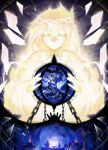  1boy 1girl absurdres altar cage chain closed_eyes closed_mouth coat commentary crystal_shards cyrene_(honkai:_star_rail) english_commentary hair_ornament highres honkai:_star_rail honkai_(series) orb oversaltedcat phainon_(honkai:_star_rail) short_hair tiara 