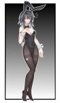  1girl @_@ absurdres ahoge alternate_costume animal_ears arknights bare_shoulders black_background black_bow black_bowtie black_hair black_leotard blush border bow bowtie breast_suppress breasts brown_pantyhose chinese_commentary cleavage closed_mouth commentary_request covered_navel detached_collar embarrassed fake_animal_ears fake_tail flying_sweatdrops full_body gradient_background grey_background grey_eyes grey_hair grey_tail groin hair_intakes highres la_pluma_(arknights) leotard medium_breasts multicolored_hair muusn no_shoes outline pantyhose playboy_bunny short_hair solo standing strapless strapless_leotard streaked_hair tail torn_clothes torn_pantyhose traditional_bowtie white_border white_outline wrist_cuffs 