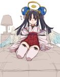  1girl angel angel_wings bed black_hair blue_eyes emil_chronicle_online frustrated hair_ornament hakama halo japanese_clothes long_hair mitama_ruri monono_hazumi on_bed original sitting skirt solo thighhighs twintails white_thighhighs white_wings wings 