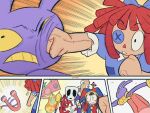 4_panel_comic animate_inanimate anthro arthropod butterfly button_(fastener) button_eyes clothing comic fabric_creature face_punch female fist_pump gangle_(tadc) glitch_productions gloves group hair handwear hi_res human humanoid insect insect_wings jax_(tadc) jester kinger_(tadc) lagomorph lepidopteran leporid living_mask living_toy male mammal mask overalls pomni_(tadc) punch rabbit rag_doll_(toy) ragatha_(tadc) red_hair shape_head skrbbs the_amazing_digital_circus violence wide_eyed wings yellow_clothing yellow_gloves yellow_handwear zooble_(tadc)