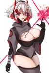  1girl black_gloves breasts cleavage cleavage_cutout clothing_cutout colored_inner_hair covered_navel cropped_hoodie eyelashes gloves grey_hoodie grey_lips grey_thighhighs hair_ornament headgear highres hood hoodie large_breasts multicolored_hair nemuruii parted_lips red_eyes red_hair sinthya_sanguine solo streaked_hair symbol-shaped_pupils thighhighs vallure virtual_youtuber white_hair 