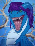 2025 ambiguous_feral ambiguous_gender blue_body blue_wings bodily_fluids bust_portrait dated dragon fangs feral glistening glistening_eyes green_eyes hi_res looking_at_viewer mane membrane_(anatomy) membranous_wings mouth_shot mythological_creature mythological_scalie mythology open_mouth pink_tongue plant portrait purple_mane riorix saliva saliva_string scalie solo teeth tongue tree white_body wings
