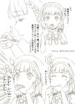  1girl artist_name beret blowing_on_food braid center-flap_bangs chinese_spoon commentary eating failure food_in_mouth frilled_sleeves frills furigana hachiban_ramen_uniform hair_ribbon hat highres holding holding_spoon kachimachi_kosuzu link!_like!_love_live! long_hair love_live! low_twintails multiple_views neck_ribbon official_alternate_costume puffy_short_sleeves puffy_sleeves ribbon short_sleeves side_braids spoon tanohito translation_request twintails twitter_username utensil_in_mouth virtual_youtuber 