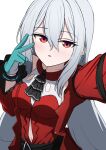  1girl aqua_gloves arknights blush breasts clothing_cutout dress gloves grey_hair hair_between_eyes highres infection_monitor_(arknights) long_hair looking_at_viewer medium_breasts navel navel_cutout outstretched_arm parted_lips red_dress red_eyes selfie simple_background skadi_(arknights) skadi_the_corrupting_heart_(arknights) solo v very_long_hair watakaze white_background 