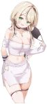 1girl arm_behind_back arm_warmers bare_shoulders belt belt_collar black_collar black_hair black_mask black_nails blonde_hair blush breasts cleavage collar colored_inner_hair cropped_legs cross cross_necklace dated ear_chain fang green_eyes hair_intakes heart heart_o-ring highres jewelry koishi_(kiwi0314) kurumi_noah kurumi_noah_(7th_costume) large_breasts leg_tattoo linked_piercing long_hair looking_at_viewer mask mask_pull midriff miniskirt mouth_mask multicolored_hair navel necklace o-ring off-shoulder_shirt off_shoulder piercing purple_belt shirt side_slit simple_background skin_fang skindentation skirt smile solo stomach streaked_hair tattoo thigh_strap virtual_youtuber vspo! white_background white_shirt zipper_pull_tab 