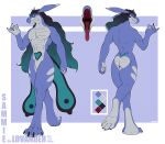 absurd_res anthro black_claws black_hair blue_body blue_scales claws corrsk featureless_crotch green_hair grey_body grey_scales hair hi_res long_hair long_tail lovander male model_sheet mouth_shot multi_tail multicolored_body multicolored_hair multicolored_scales multicolored_tail muscular muscular_male open_mouth pal_(species) palworld pocketpair red_eyes sammie_(zombiedwolf) scales sharp_teeth solo tail teeth womb_tattoo