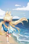  1girl absurdres adjusting_clothes adjusting_shoe animal_ears beach blonde_hair blue_sky cat_ears cloud dress fins fish_girl fish_tail floating_hair highres indie_virtual_youtuber lifebuoy_hair_ornament long_hair low_twintails sameko_saba sand sky sleeveless sleeveless_dress tail twintails very_long_hair virtual_youtuber water white_dress xobevol 