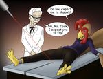  anthro avian beak bird brown_eyes chicken clothing colonel_sanders danaume dialog duo english_text eyewear human kfc male mammal parody restrained text 