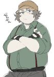  1boy belt black_gloves brown_hat buttons closed_mouth collared_shirt fingernails gloves green_shirt hashida_itaru hat looking_at_viewer male_focus plump purasu_no_konbu rectangular_eyewear shirt short_hair simple_background solo steins;gate suspenders translation_request white_background 