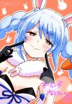  1girl animal_ear_fluff animal_ears bare_shoulders black_gloves black_leotard blue_hair blush braid brown_background carrot_hair_ornament closed_mouth commentary_request don-chan_(usada_pekora) dress dutch_angle fingers_to_cheeks food-themed_hair_ornament fur-trimmed_gloves fur_trim gloves hair_ornament half-closed_eyes hands_up highres hololive kiritoma leotard long_hair looking_at_viewer orange_eyes rabbit-shaped_pupils rabbit_ears short_eyebrows signature smile solo strapless strapless_dress strapless_leotard symbol-shaped_pupils thick_eyebrows translation_request twin_braids twintails upper_body usada_pekora usada_pekora_(1st_costume) virtual_youtuber white_dress 