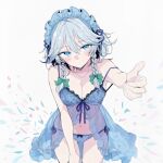  1girl babydoll blue_babydoll blue_eyes blush bow braid commentary grey_hair hair_bow hawaii1090 izayoi_sakuya lingerie looking_at_viewer maid_headdress navel ribbon see-through_babydoll see-through_clothes short_hair touhou twin_braids underwear white_background 