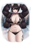  1girl absurdres arms_up ass_visible_through_thighs bikini black_bikini black_choker black_eyes black_hair black_jacket black_nails blurry blurry_background blush border breasts choker cleavage collarbone commentary gradient_hair groin halterneck hands_on_own_head highres jacket large_breasts leg_tattoo long_sleeves looking_at_viewer mole mole_on_breast mole_under_mouth multicolored_hair navel navel_piercing open_clothes open_jacket open_mouth original piercing pink_hair short_hair side-tie_bikini_bottom solo straight-on swept_bangs swimsuit tattoo teeth thighs upper_teeth_only white_border yukaraishin zipper zipper_pull_tab 
