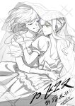  2girls absurdres bang_dream! bang_dream!_it&#039;s_mygo!!!!! blush bridal_veil chinese_commentary commentary_request dress earrings elbow_gloves gloves greyscale hand_on_another&#039;s_waist hero45439083942 highres hug jewelry misumi_uika monochrome multiple_girls necklace one_eye_closed parted_lips purple_eyes short_sleeves smile sparkle tears togawa_sakiko veil wedding_dress wife_and_wife yellow_eyes yuri 