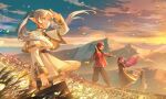  2boys 2girls blue_eyes blue_sky chinnkun cloud dawn fantasy fern_(sousou_no_frieren) frieren from_side glowing_flower gradient_sky grass long_hair looking_ahead mountain mountainous_horizon multiple_boys multiple_girls nature painterly petals purple_hair red_hair sein_(sousou_no_frieren) short_hair side-by-side signature sky sousou_no_frieren standing stark_(sousou_no_frieren) twintails watermark white_hair wind yellow_sky 