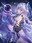  1girl backless_dress backless_outfit black_dress blush boots breasts commentary dress english_commentary from_side genshin_impact hair_ornament hand_up highres long_hair looking_at_viewer pink_eyes purple_boots skirk_(genshin_impact) solo thigh_boots vanillashiii zoom_layer 