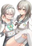  2girls absurdres black_bow black_bowtie black_hairband blush bow bowtie carrying carrying_person checkered_bow checkered_clothes chuuna_(unagiunazy) cosplay embarrassed firefly_(honkai:_star_rail) firefly_(honkai:_star_rail)_(cosplay) firefly_(spring_missive)_(honkai:_star_rail) green_bow green_bowtie grey_hair grey_sailor_collar hairband highres honkai:_star_rail honkai_(series) long_hair miniskirt multicolored_eyes multiple_girls plaid_bow plaid_bowtie plaid_clothes princess_carry sailor_collar school_uniform serafuku shirt skirt stelle_(honkai:_star_rail) sweat thighhighs thighs trailblazer_(honkai:_star_rail) two-tone_eyes white_shirt white_thighhighs yellow_eyes yuri zettai_ryouiki 