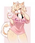 2025 anthro arm_tuft artist_name barely_visible_genitalia barely_visible_vulva blue_eyes blush bottomless bra breasts canid canine canis cleavage clothed clothing colored container countershade_face countershade_fur countershade_legs countershade_tail countershade_torso countershading cup curled_tail curvy_figure digital_drawing_(artwork) digital_media_(artwork) domestic_dog elbow_tuft english_text eyebrows eyelashes female fur genitals hair heart_symbol hi_res highlights_(coloring) holding_container holding_cup holding_mug holding_object lezified lidded_eyes lips looking_away loretta_(lezified) mammal mature_female medium_length_hair messy_hair mug multicolored_body multicolored_fur nails one_eye_closed open_mouth oversized_clothing oversized_topwear pink_clothing pink_lips pink_nose pink_shirt pink_topwear profanity rubbing_face shaded shiba_inu shirt shirt_only simple_background solo spitz steam tail tan_body tan_fur text thick_bottom_lip thick_thighs thigh_up tired tired_eyes topwear topwear_only tuft two_tone_body two_tone_fur underwear vulva white_body white_fur wide_hips