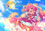  2girls absurdres angel_wings apron black_vest blonde_hair blue_sky boots bow bowtie braid brooch bubble_skirt cat center_frills choker closed_eyes cloud collared_vest cone_hair_bun cowboy_shot cure_honey cure_precious day delicious_party_precure dot_nose double_bun dress earrings eyelashes feather-trimmed_sleeves floating_clothes floating_hair flower flying food-themed_clothes food-themed_hair_ornament footwear_bow fork frilled_arm_warmers frilled_hairband frilled_skirt frilled_vest frills full_body gloves gold_earrings hair_between_eyes hair_bow hair_bun hair_flower hair_ornament hairband happinesscharge_precure! happy heart heart_brooch heart_wand high_heel_boots high_heels highres holding holding_wand in-franchise_crossover jewelry knee_boots kome-kome lace-trimmed_apron lace-trimmed_dress lace-trimmed_gloves lace_trim lapels lens_flare light_blush light_particles light_rays long_hair looking_at_another low_wings magical_girl miniskirt multiple_girls nagomi_yui notched_lapels oomori_yuuko open_mouth orange_bow orange_bowtie outdoors outline pink_bag pink_eyes pink_hair pink_shirt pleated_skirt ponytail precure puffy_short_sleeves puffy_sleeves rainbow red_bow red_brooch red_choker red_ribbon red_skirt ribbon shipu_(gassyumaron) shirt short_sleeves signature single_braid skirt sky smile sunlight tareme teeth two-tone_skirt two_side_up undersized_animal upper_teeth_only very_long_hair vest waist_apron waist_bag wallet wand watch wavy_hair white_apron white_boots white_flower white_gloves white_sleeves wind wings wristwatch yellow_arm_warmers yellow_bow yellow_outline yellow_skirt yellow_sleeves yellow_wings 