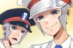  2boys black_eyes black_hat blue_necktie brothers collared_shirt emmet_(pokemon) grey_hair hat ingo_(pokemon) konbu_0915 male_focus multiple_boys necktie open_mouth pokemon pokemon_bw shirt short_hair siblings smile twins white_hat white_shirt yellow_background 