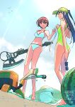  1girl 2girls amate_yuzuriha aqua_eyes aqua_shirt aqua_skirt axe_guitar beach beanie bikini black_hair black_hat blue_sky boots breasts cloud commentary_request conch_(gundam) day electric_guitar eyewear_on_headwear food fruit green_shorts guitar gundam gundam_gquuuuuux haro hat heart heart-shaped_eyewear heat_hawk highres holding instrument long_hair looking_at_viewer multiple_girls nyaan_(gundam_gquuuuuux) open_mouth outdoors red_hair sand shirt short_hair shorts skirt sky smile sunglasses supe_(yuusyasupepen) swimsuit translation_request watermelon yellow_eyes 