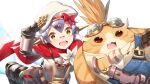  1boy 1girl :d android arm_up bandaid bandaid_on_face bandaid_on_nose belt beret blush bow cape commentary_request creature denim flower goggles goggles_on_head hat hat_bow looking_at_viewer nopon open_mouth overalls poppi_(xenoblade) poppi_alpha_(xenoblade) purple_hair red_bow red_cape red_eyes salute shirt short_hair short_sleeves simple_background smile tareme tora_(xenoblade_2) white_background white_flower white_hat white_shirt xenoblade_chronicles_(series) xenoblade_chronicles_2 yappen yellow_eyes 