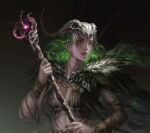  1girl absurdres animal_skull breasts cloak earrings fur_cloak green_eyes green_hair hahahuhi highres jewelry long_hair magic original pelt shaman simple_background skull_on_head solo tattoo wooden_staff 