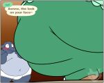 ambiguous_gender animal_crossing anthro belly big_belly big_butt blush border brown_background bulge butt clothed clothing dialogue dizzy_(animal_crossing) duo elephant elephantid english_text female_(lore) green_body grey_body grey_markings hi_res huge_belly huge_butt huge_thighs jouigidragon leg_rolls looking_at_another male mammal markings moobs morbidly_obese morbidly_obese_anthro navel nintendo obese obese_anthro obese_male opal_(animal_crossing) overweight overweight_anthro overweight_male panties proboscidean proboscis_(anatomy) simple_background standing text thick_thighs trunk_(anatomy) underwear underwear_only watermark white_border
