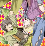  abs bad_id bad_pixiv_id blonde_hair brown_hair caesar_anthonio_zeppeli facial_mark green_jacket grin headband jacket jewelry jojo_no_kimyou_na_bouken joseph_joestar_(young) male_focus multiple_boys necklace orika_rin purple_jacket scarf smile 