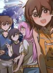  1girl 3boys :d ? absurdres antenna_hair aubrey_(faraway)_(omori) aubrey_(omori) bailan1130 bare_arms bare_shoulders black_eyes black_hair black_sweater_vest blue_eyes blue_hairband blue_sweater blurry blurry_foreground blush bow_hairband bright_pupils brothers brown_eyes brown_hair closed_mouth collarbone collared_shirt cowboy_shot day double-parted_bangs double_v grey_pants hair_behind_ear hair_between_eyes hairband hero_(faraway)_(omori) hero_(omori) highres kel_(faraway)_(omori) kel_(omori) long_hair long_sleeves looking_at_viewer looking_back multiple_boys no_sclera notice_lines omori open_mouth orange_tank_top outdoors pants photo_background pink_hair profile puffy_long_sleeves puffy_sleeves shirt short_hair short_sleeves siblings smile spoilers standing sunny_(omori) sweatdrop sweater sweater_vest tank_top teeth tree upper_body upper_teeth_only v v-neck white_pupils white_shirt white_trim 