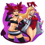  alternate_breast_size animal_ears bare_legs bare_shoulders black_legwear blonde_hair breasts bunny_ears choker cleavage demon_girl demon_tail detached_sleeves disgaea earrings elbow_gloves etna flonne flonne_(fallen_angel) gloves greenmarine jewelry large_breasts leotard lips long_hair makai_senki_disgaea microskirt multiple_girls older one-piece_swimsuit pointy_ears red_eyes red_hair red_leotard red_swimsuit skirt smile swimsuit tail thighhighs twintails 