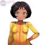  1girl alex_(totally_spies) artist_name black_hair blush bodysuit breasts brown_eyes closed_mouth dark-skinned_female dark_skin hand_on_own_hip highres lipstick looking_at_viewer makeup short_hair simple_background small_breasts smile solo sparkling_eyes totally_spies unholysoul upper_body white_background yellow_bodysuit 