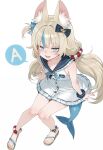  1girl a_(phrase) ahoge ai-generated animal_ear_fluff animal_ears blonde_hair blue_bow blue_eyes blue_hair blue_scrunchie bow brown_sandals cat_ears dress fang fins fish_girl fish_tail fujiwarahima hair_bow highres indie_virtual_youtuber lifebuoy_hair_ornament long_hair looking_at_viewer low_twintails multicolored_hair one_side_up open_mouth sameko_saba sandals scrunchie sleeveless sleeveless_dress smile solo streaked_hair tail teeth twintails upper_teeth_only very_long_hair virtual_youtuber white_background white_dress 