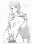  armor bikini bikini_armor bikini_bottom_pull bikini_pull bikini_top_lift bra bra_lift braid breasts breasts_out cape chain chain_bikini chainmail cloak clothes_lift clothes_pull flashing gloves graphite_(medium) greyscale groin highres large_breasts leather leather_gloves looking_at_viewer monochrome navel nipples one_piece panties panty_pull pun_hob pussy pussy_peek rebecca_(one_piece) sidelocks simple_background sketch smile swimsuit traditional_media underwear undressing white_background wide_hips 
