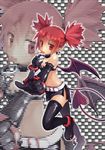  :p bat_wings belt black_legwear checkered checkered_background choker demon_girl demon_tail disgaea earrings elbow_gloves etna gloves jewelry looking_at_viewer midriff pointy_ears red_eyes red_hair short_hair solo tail thighhighs tongue tongue_out twintails wings y_kurozaki zoom_layer 