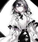  1girl arknights black_hair black_skirt closed_mouth coat commentary cowboy_shot fumi_(rdbm) hair_between_eyes highres lab_coat light_smile long_sleeves medium_hair open_clothes open_coat priestess_(arknights) purple_eyes sketch skirt solo standing sweater turtleneck turtleneck_sweater white_background white_coat white_sweater 