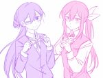  2girls alternate_costume alternate_hairstyle aubrey_(faraway)_(omori) aubrey_(omori) bailan1130 blush butler female_butler hair_ribbon highres limited_palette long_hair long_sleeves looking_at_viewer mari_(faraway)_(omori) mari_(omori) multiple_girls necktie omori one_eye_closed ponytail ribbon simple_background sketch smile white_background 