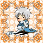  1boy :3 arch_bishop_(ragnarok_online) argyle_background biting biting_clothes black_pants blue_coat chibi chibi_only closed_mouth coat commentary_request full_body grey_hair male_focus meiko_(nattu303) orange_background pants ragnarok_online short_hair sitting sleeves_past_fingers sleeves_past_wrists smile solid_circle_eyes solo 
