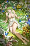  1girl absurdres barefoot bracelet breasts bug butterfly c.c. code_geass dress flower green_hair hair_between_eyes hair_flower hair_ornament hair_spread_out high_heels highres jewelry long_hair on_grass pumps qinyi_chinyi signature single_bare_leg single_thighhigh sleeveless sleeveless_dress solo strapless strapless_dress thighhighs white_dress white_thighhighs 