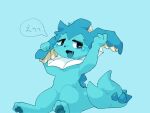 2021 ambiguous_gender anthro biped black_nose blue_background blue_body blue_eyes blue_markings blue_pawpads blue_tongue blush bodily_fluids colored digitigrade ear_frill eeveelution frill_(anatomy) generation_1_pokemon handpaw head_crest head_frill holding_self japanese_text looking_at_self markings neck_frill netchy_boo nintendo nude open_mouth pawpads paws pokemon pokemon_(species) semi-anthro simple_background sitting sitting_on_ground slight_blush solo speech_bubble tail tears text three-quarter_view tongue tongue_out vaporeon white_frill yellow_frill