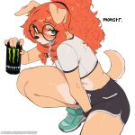 1:1 2025 5_fingers accessory anthro artist_name beverage_can black_nose blush bottomwear brown_eyes can canid canine canis clothed clothing container crouching dolphin_shorts domestic_dog eyebrow_through_hair eyebrows eyelashes eyewear female fingers floppy_ears footwear freckled_face freckles fully_clothed fur glasses hair hair_accessory hairband hi_res holding_can holding_container holding_object kuru_(kuru_tyan) kuru_tyan long_hair looking_at_viewer mammal monster_energy orange_hair round_glasses shirt shoes shorts simple_background sneakers solo t-shirt tan_body tan_fur text topwear translucent translucent_hair url wearing_glasses white_background