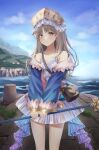  1girl atelier_(series) atelier_totori bag blue_sky brown_eyes brown_hair cowboy_shot dress fall_(5754478) headdress highres holding holding_staff long_hair looking_at_viewer nature ocean outdoors pier shoulder_bag sky smile solo staff thighs totooria_helmold wide_sleeves 
