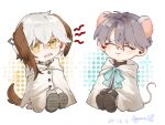  1boy 1other again_nuo animal_ears aqua_bow aqua_bowtie bow bowtie brown_tail chibi clenched_teeth cloak closed_eyes closed_mouth dog_ears dog_tail facing_viewer grey_hair grey_shoes halftone halftone_background highres kemonomimi_mode looking_at_viewer medicine_pocket mouse_boy mouse_ears mouse_tail reverse:1999 sharp_teeth shoes shout_lines smile sparkle tail teeth white_cloak white_hair x_(reverse:1999) yellow_eyes 
