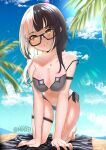  1girl all_fours bikini black_hair black_nails blue_sky breasts commentary day english_commentary glasses grey_bikini highres hololive hololive_english jewelry large_breasts long_hair minxei multicolored_hair nail_polish navel outdoors paid_reward_available ring shiori_novella sky solo split-color_hair swimsuit tan tanlines thigh_strap toenail_polish toenails two-tone_hair virtual_youtuber white_hair yellow_eyes 