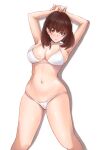  1girl against_wall armpits arms_up bikini breasts brown_hair cleavage feet_out_of_frame large_breasts navel nobita_(nbnobita) original presenting_armpit red_eyes short_hair solo standing swimsuit white_bikini 