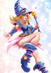  1girl blonde_hair blue_boots blue_hat boots dark_magician_girl duel_monster green_eyes hat heart highres holding holding_wand long_hair miyakura_haruto open_mouth pink_skirt showgirl_skirt skirt smile wand wizard_hat yu-gi-oh! 